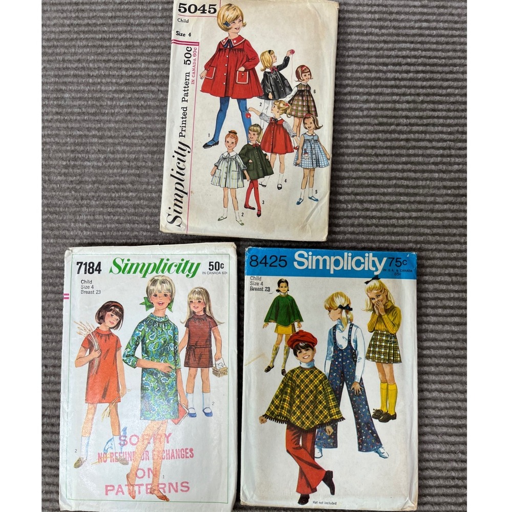 Lot of 3 Vintage Simplicity Sewing Patterns Child Sz 4 Dress Smock Poncho Pants